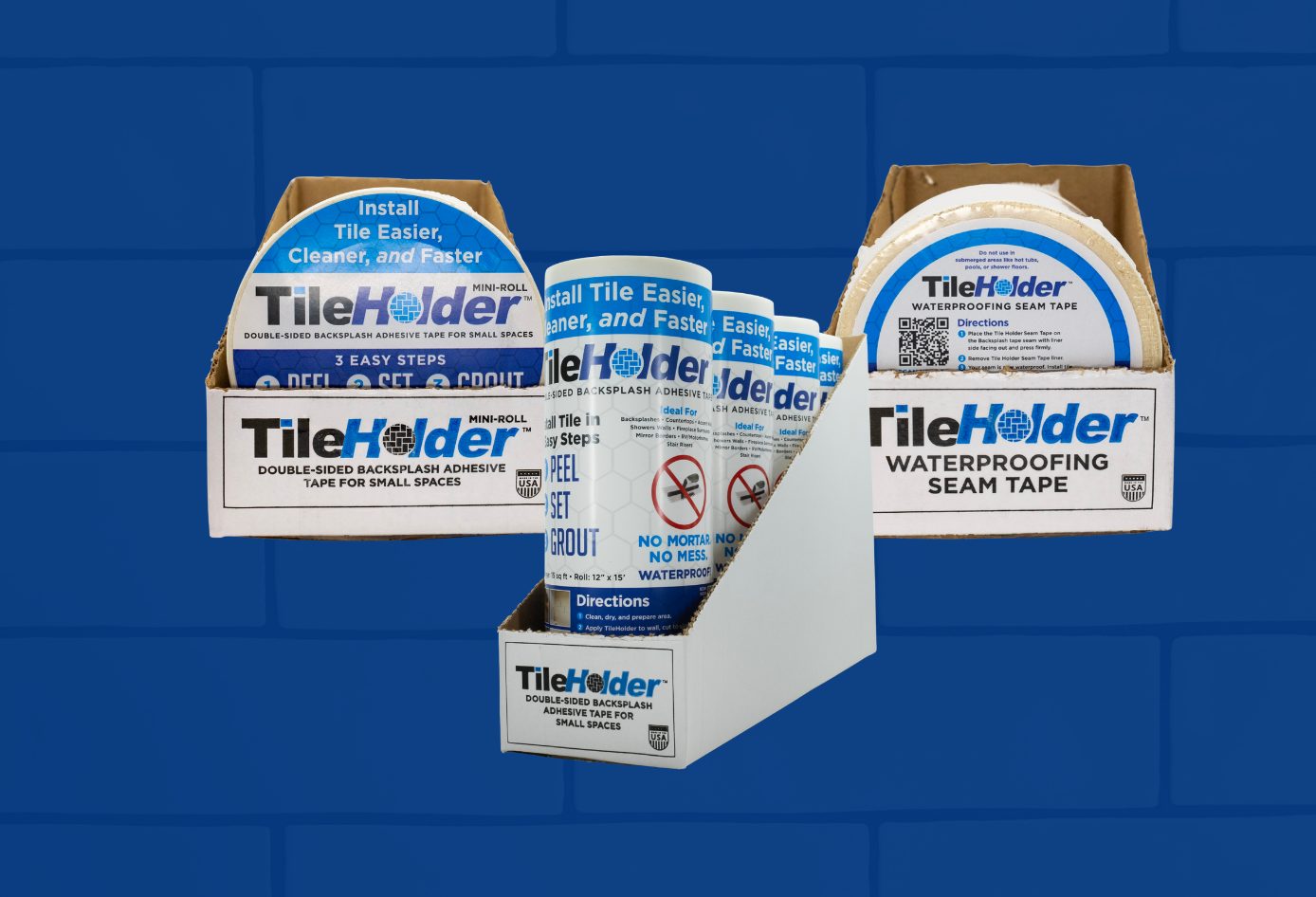 TileHolder product package showing Peel, Set, Grout steps